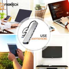 Frontech 8-in-1 Multi-Port Expansion Hub, Dual Input (USB-C & USB), High-Speed Data Transfer, Metal Matt Finish, Backed with 1 Year Warranty (NC-0058)