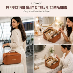 LUMONY® Makeup Pouch Bag Leather Large Capacity Travel Toiletries Organizer Cosmetic Bag with Handle and Divider Multifunctional Makeup Bag for Easy Access Waterproof (Brown)