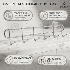 LYSIREN Door Hangers for Clothes, Hanger for Wall – Stainless Steel Bathroom Wall Hook with 6 Hooks, Self Adhesive Magic Sticker Door & Wall Hanger for Towel, Kitchen & Clothes, 5 Kg Capacity, Silver