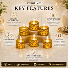 VEROFIVE Crystal LED Tea Light Candles, Pack of 12 – Diwali & Home Décor