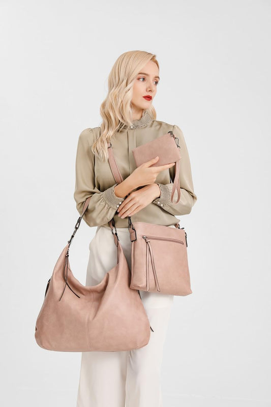 SYGA PACK OF 3 Women's Bags Large-Capacity Soft Leather Hobo Bag,Sling Bag With Clutch(PINK)