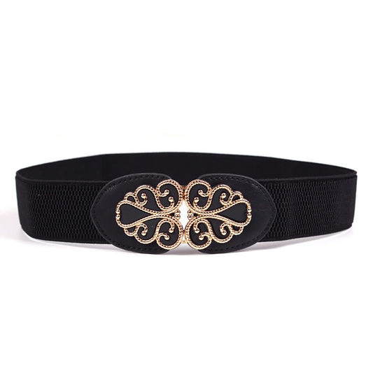SYGA Women's Leather Belt, PU Leather Stretchy Waist Belt with Floral Metal Buckle, Retro Style - Black