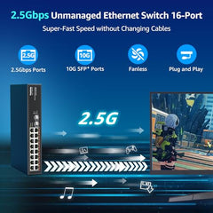 YuanLey 18 Port 2.5G PoE Switch Unmanaged, 16 x 2.5G Base-T PoE Ports, 2 x 10G RJ45 UpLink, IEEE802.3af/at, 250W, Compatible with 100/1000/2500Mbps, Metal Case, 2.5Gbe Network Switch