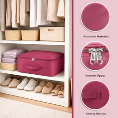 Storite 2 Pack Nylon Wardrobe Bag Underbed Cloth Storage Organizer | Moisture Proof Storage Bag, Storage box for Clothes Saree Bags, Zippered Closure & Handle - Magenta,37x34x23 cm