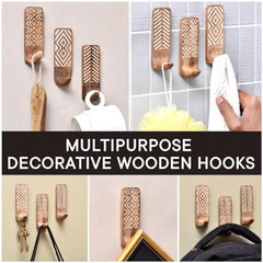 IndianShelf 6 Decorative Wood Adhesive Wall Hooks No Drill - Fork Art | Handmade, Renter Friendly, Waterproof, Reusable, Peel and Sticky Hooks for Keys, Towel, Bags, Light Coat, Jewelry, 10Lb Load