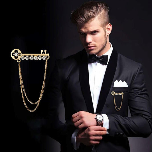 SYGA Men's & Women Suit Shirt Stud Lapel Pin Chain Tassel Brooch Pin with Crystal Chain(Key golden)