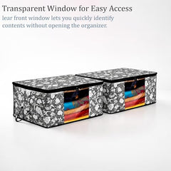 Kuber Industries Flower Print Foldable Woven Underbed Storage Bag|Large Storage Organiser|Blanket Cover with Transparent Window|Size 65 x 45 x 31 CM (Black)-KUBMART16598(Fabric)