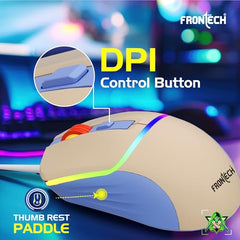 FRONTECH MS-0105 Wired Gaming Mouse | 7200 DPI | 6 Programmable Buttons | 7-Color RGB Gaming Mouse Rainbow Lighting | Ergonomic Gaming Mouse | White & Blue | USB Interface | 1.5m Braided Cable