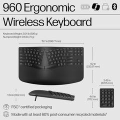 HP 960 Ergonomic Wireless Keyboard/Multi-Device/Soft Touch Palm Rest/Bluetooth/Swift Pair/OS Auto-Detection/Negative tilt/Split keyframe/Separate numpad