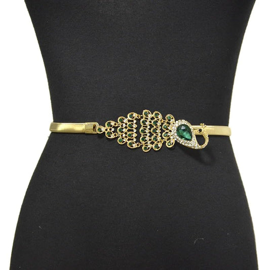 SYGA Women's Sweet Colorful Rhinestone Inlaid Peacock Decorative Spring Elastic Metal Waist Chain(Gold)