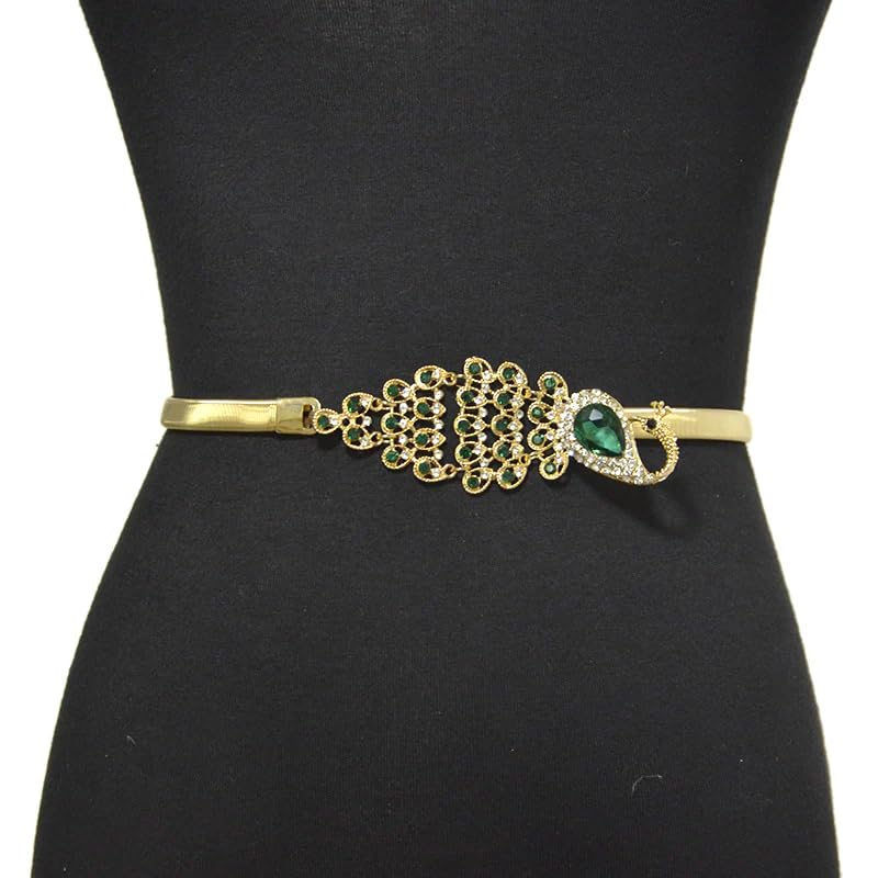 SYGA Women's Sweet Colorful Rhinestone Inlaid Peacock Decorative Spring Elastic Metal Waist Chain(Gold)