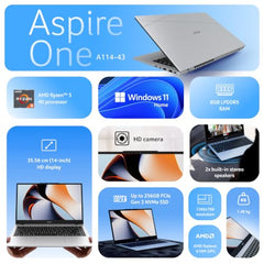 Acer Smartchoice Aspire One, AMD Ryzen 5-40, 8GB LPDDR5 RAM/ 256GB SSD, 14.0"/35.56cm WXGA Display, Win 11 Home, Pure Silver, 1.48KG, A114-43, Thin and Light Laptop