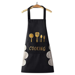 MOMISY Waterproof Kitchen Apron, Cooking Apron with Pockets, Side Towel for Hand Wiping, Suitable for Men and Women (Black)