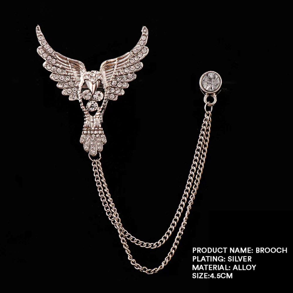SYGA Men's & Women Suit Shirt Stud Lapel Pin Chain Tassel Brooch Pin with Crystal Chain(Full Diamond Eagle Silver)