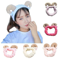 MOMISY Elastic Women's Lovely Hair Band Wash Face Spa Headband-Washable Facial Band Makeup Wrap Headbands Fits All Head Sizes (Sheep Horn Pink)