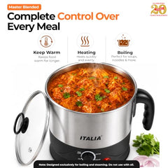 ITALIA Premium Electric 600W Multi Kettle 1.2L with Stainless Steel Body, Egg Rack, Grill Rack, 3 Heating Modes & Rapid Boil Technology, Boiling Water, Tea, Coffee, Oats, Noodle, Soup, Black