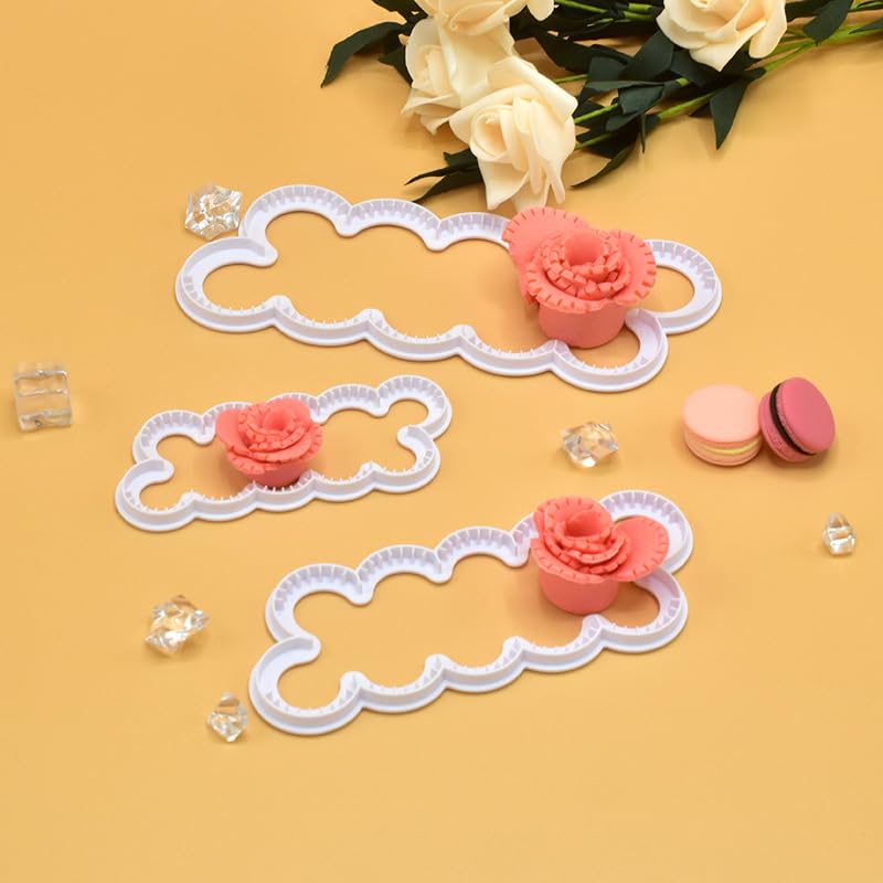 Syga 3pcs Cake Decoration Mold, DIY One-Piece Molded Fondant Roses Printing Mould Tool Set, Food Grade Cutter Modeling Tools for Christmas Party Wedding Cake in Mould Dessert Decorators, White