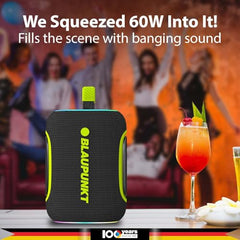 Blaupunkt ATOMIK OMG ATOM 60W Portable Bluetooth Speaker, Advanced DSP Sound, 100 Years German Legacy Audio, Jazzy Aura Party Neon Lights, IPX6 Splashproof & Dustproof, Wireless Outdoor Travel Speaker