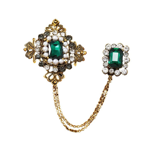SYGA Men's & Women Suit Shirt Stud Lapel Pin Chain Tassel Brooch Pin with Crystal Chain(Green Diamond)