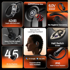 ACwO DwOTS Sense Pro True Wireless Earbuds, 42dB ANC, Voice-First Mic System for Clear Calls, Skin-Friendly Ear Hooks, 12mm Drivers, Dual Pairing, Sweat Resistant, Advanced Bluetooth Ear Buds (Orange)