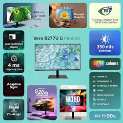 Acer B277U GB 27 inch WQHD (2560x1440) IPS Monitor | ErgoStand Tilt Swivel Pivot Height Adjust | 120Hz AdaptiveSync |TUV Low BlueLight | Strong Sturdy Design | HDMI DP Audio Out | Speakers I Black