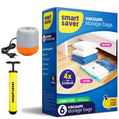 Smart Saver Polyamide Polyethylene Vacuum Compression Bags|Vacuum Storage Bags|Vacuum Bags For Travel|Space Saver Vacuum Bags(3Jumbo + 3Large With Electric And Manual Handpump),White