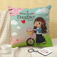 Gift for Daughter Birthday Special Birthday for Daughter Printed Cushion 12 inch X 12 inch + Micro Fiber Filler + Keychian + Magnet Girls Pillow Daughters Day for Daughter and Girls -10A (Color-7)