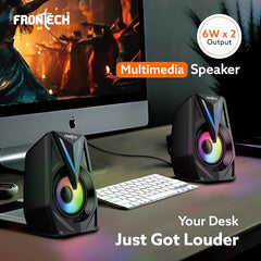 FRONTECH Multimedia Speakers, 12W Output, 2.0 Channel Stereo Sound, RGB Lighting, USB Powered, 3.5mm AUX, 1 Year Warranty (SPK-0014)