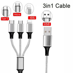 SYGA 3 in 1 Charging Cable, Nylon Braided USB Cable for Android, iOS and Type C Devices, 3A, 3 Feet - Black