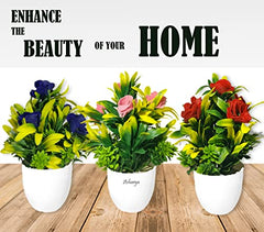 Asharya® Artificial Flower Plants for Home Décor – Set of 4 Mini Potted Plants (7 Inch) in White Pots | Pink, Yellow, Red & Blue Faux Flowers for Living Room, Office, Indoor Outdoor Decoration