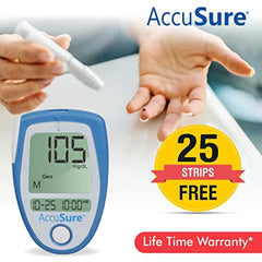 AccuSure Blue Blood Glucose Meter Contains Free 25 Strips