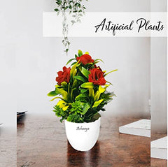 Asharya® Artificial Flower Plants for Home Décor – Set of 4 Mini Potted Plants (7 Inch) in White Pots | Pink, Yellow, Red & Blue Faux Flowers for Living Room, Office, Indoor Outdoor Decoration