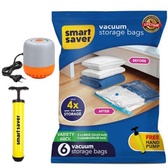 Smart Saver Polyamide Polyethylene Vacuum Compression Bags|Vacuum Storage Bags|Vacuum Bags For Travel|Space Saver Vacuum Bags(3Jumbo + 3Large With Electric And Manual Handpump),White