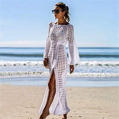 MOMISY Women's Summer Beach Dress White Long Sleeve Square Neck Lace Hollow Crochet Bikini Cover Up Beachwear Dress - White