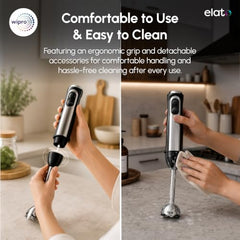 Wipro Elato FMB 204 Hand Blender with Chopper and Whisk|Powerful 200 Watt Copper Motor With Rust Free Steel Arm|3 in1 Multi-functional Mode|Four In One Blade-Churn, Whip,& Blend|Black|2- Year Warranty