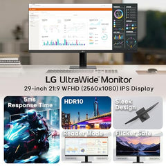 LG 29U511A 73 cm (29 Inch) UltraWide WFHD (2560x1080) IPS Monitor, 100Hz, 5ms(GtG), Anti-Glare, sRGB 99% (Typ.), HDR10, 3-Side Virtually Borderless, DP, HDMI, Headphone Out, Tilt Adjustable (Black)