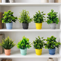 amazon basics Artificial Potted Plants, Artificial Plastic Eucalyptus Plants Small Indoor Potted Houseplants, Small Faux Plants for Home Decor Bathroom Office Farmhouse (Set of 8)