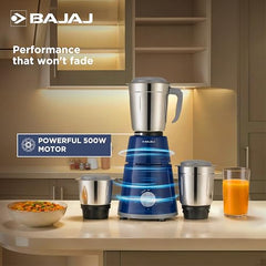 Bajaj GX-1 Mixer Grinder 500W | Superior Mixie For Kitchen | 2-In-1 For Dry Grinding | Blade Function With Titan Motor | 3 Stainless Steel Mixer Jars | 1 Year Product Warranty By Bajaj 【Blue】