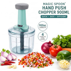 MAGIC SPOON Hand Push Chopper 1000ML, Vegetable & Onion Chopper with 4 Stainless Steel Blades, Manual Food Chopper for Garlic, Chilli, Dry Fruits, Nuts Cutter & Salad Preparation for Kitchen, Pista