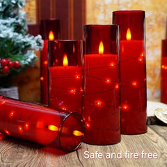 Flameless LED Pillar Candle Set of 2 | Acrylic Fiber Glass | Dancing Faux Wick | Remote Control with Battery Operated 3 AA | Home Décor & Gifting | 3" D x 6" H | Red