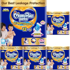 Mamypoko pants All night absorb| Pant Style Baby Diapers Large Size(L), 124 Count,(62*2) Ideal for 9-14Kgs|1 Diaper= Upto All night Absorption|Wider Crisscross Sheet|Gentle Coco Care| 12hr Leakage Protection| Prevents Heaviness.