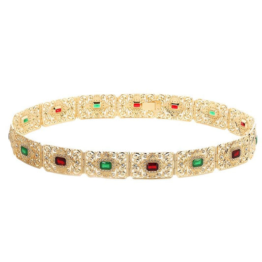 SYGA Women's Wedding bridal waist chain Middle Eastern Metal Hollow Carved Rhinestone Inlaid Belt Robe Girdle Accessories(Gold+MultiColor)