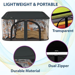 Kuber Industries Pack of 3 PVC Transparent Underbed Storage Bag | Multi-Purpose Garments Bag for Clothes-Toy | Wardrobe Bag with Handle | U Zip | Black