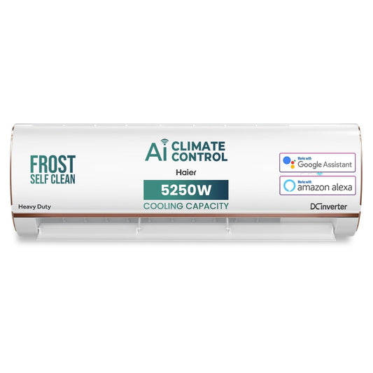 Haier 1.5 Ton 4 Star AI Climate Control Smart Split AC (5250 Watts, Copper, Wi-Fi, 4-Way Swing, Triple Inverter, 7 in 1, Frost Self Clean, HD Filter, Cools at 60Â°C - HSU18K-PYAIR4BN-INV, White)