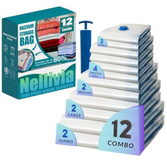 25 Pack Vacuum Storage Bags, Compression Space Saver Bags for Comforters, Blankets and Clothes, Durable Seal, Puncture Resistant, Safe Poly Material, Preserves and Protects, Hand Pump Included