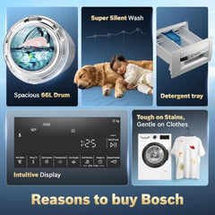 Bosch 12 kg 5 Star Front Load Fully Automatic Washing Machine, AI ActiveWater, Inbuilt heater, Antibacterial Tech, 14 Wash Programs, 66L Large Drum, SoftCare Paddle, White, WGA27400IN (2026 Model)