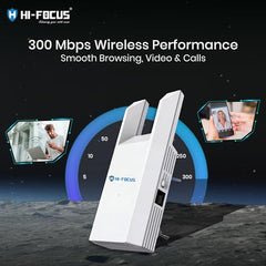 HI-Focus 300 Mbps Wi-Fi Range Extender (2.4 GHz) | Dual-Antenna Wireless Booster + Ethernet Port | Plug-and-Play Wi-Fi Repeater for Home & Office Coverage