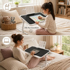 StarAndDaisy T9 Foldable Bed Table for Laptop & Study, 4-Level Adjustable Angled Tabletop, Large Desktop Surface with Anti-Slip Stopper, Tablet & Phone Slot, Storage Drawer, Stable Legs, PP & TPE
