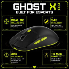 EvoFox Ghost X Pro Tri-Mode Wireless Gaming Mouse with RGB Charging Dock, 54g Ultra-Lightweight, 30,000 DPI Instant S312 Sensor, 8000Hz Polling, 100M Huano Switches, Dual Bluetooth, 2.4GHz, Wired