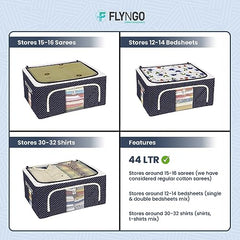 FLYNGO Foldable Steel Frame Clothes Organizer Storage Box For Wardrobe, Saree, Shirts, And Blankets (66 Ltr - Pack Of 2, Oxford Fabric), Blue